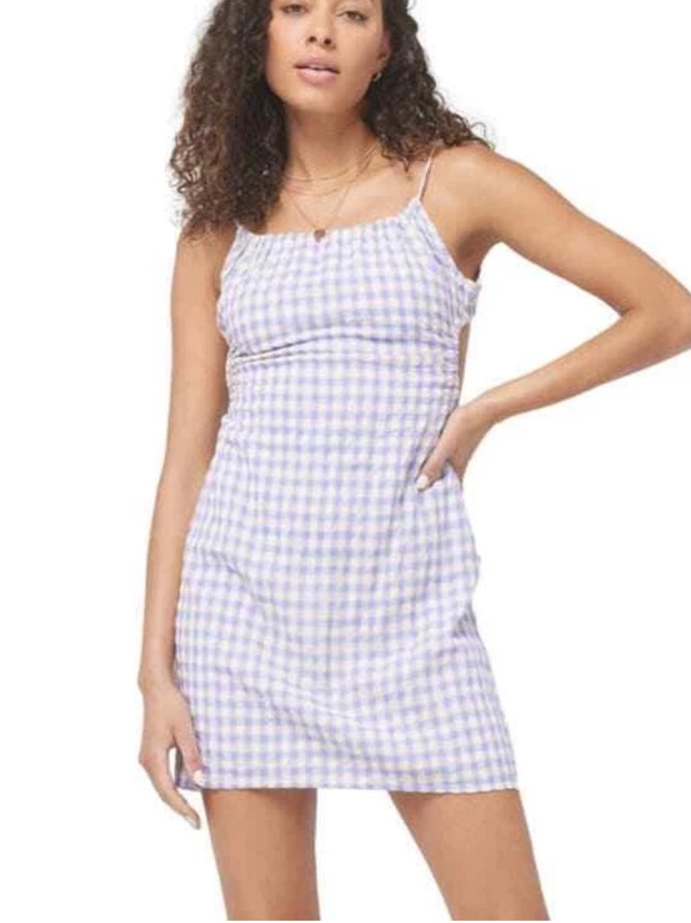 L’Space Spaghetti Strap Gingham Open Back Dress Blue Cream Purple Size Small New